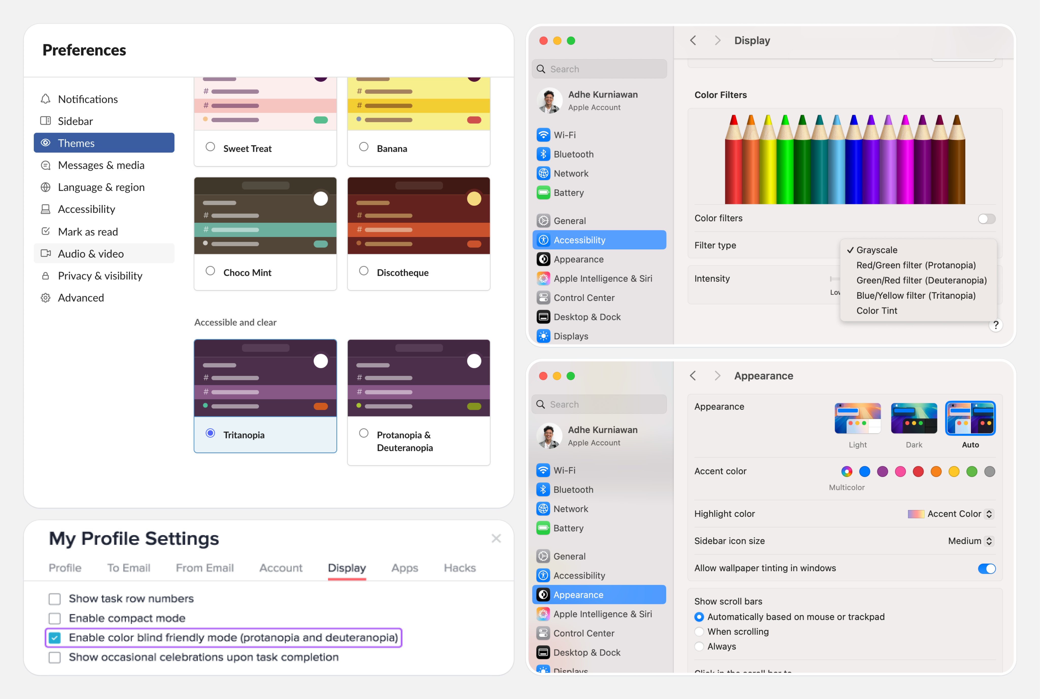 Apple, Slack and Asana provide Tritanopia and Protanopia & Deuteranopia
